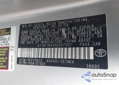 2010 Toyota Camry Le из США, поврежденный, VIN 4T1BF3EK2AU007007